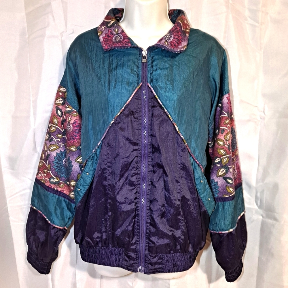 Vintage 90s OutBrook Floral Luxury Windbreaker Jacket Women's Med Green/Purple